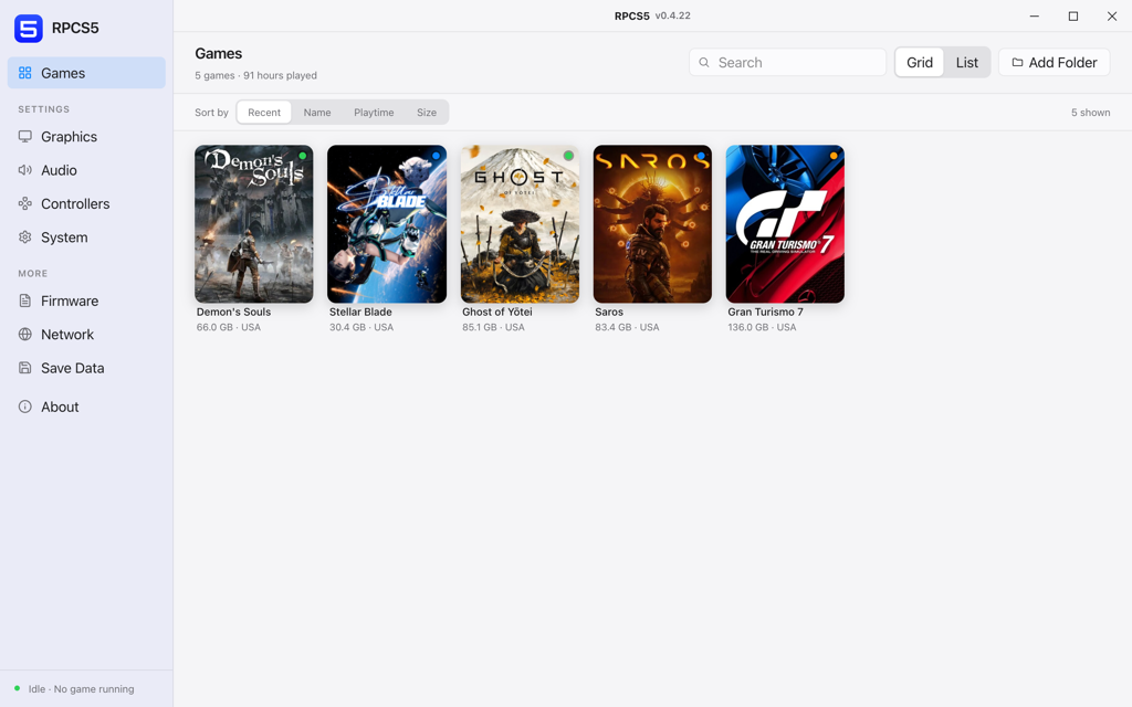 The RPCS5 library window listing 18 installed PlayStation 5 games with cover art, playtime and per-title compatibility indicators