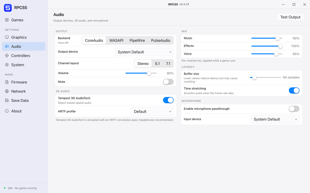 The RPCS5 Audio settings panel with output, 3D audio, mix, latency and microphone sections