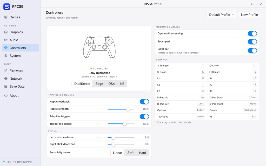 The RPCS5 Controllers panel showing a connected DualSense with haptics, stick and binding configuration