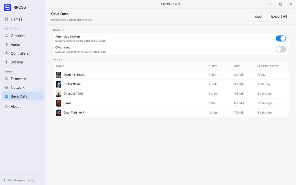 The RPCS5 Save Data panel listing per-game save slots with sizes and modification dates, plus automatic backup and cloud sync toggles